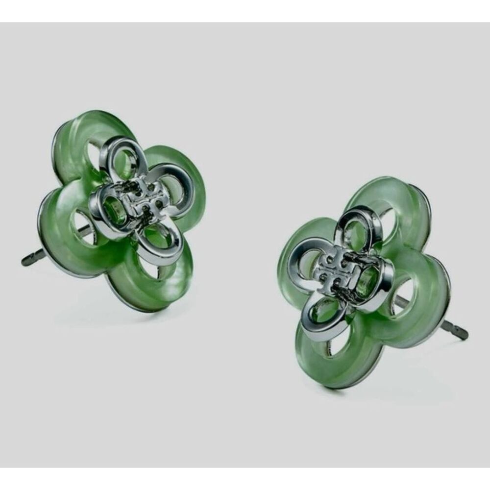 TORY BURCH Kira Green Silver Stacked Clover Stud Earrings